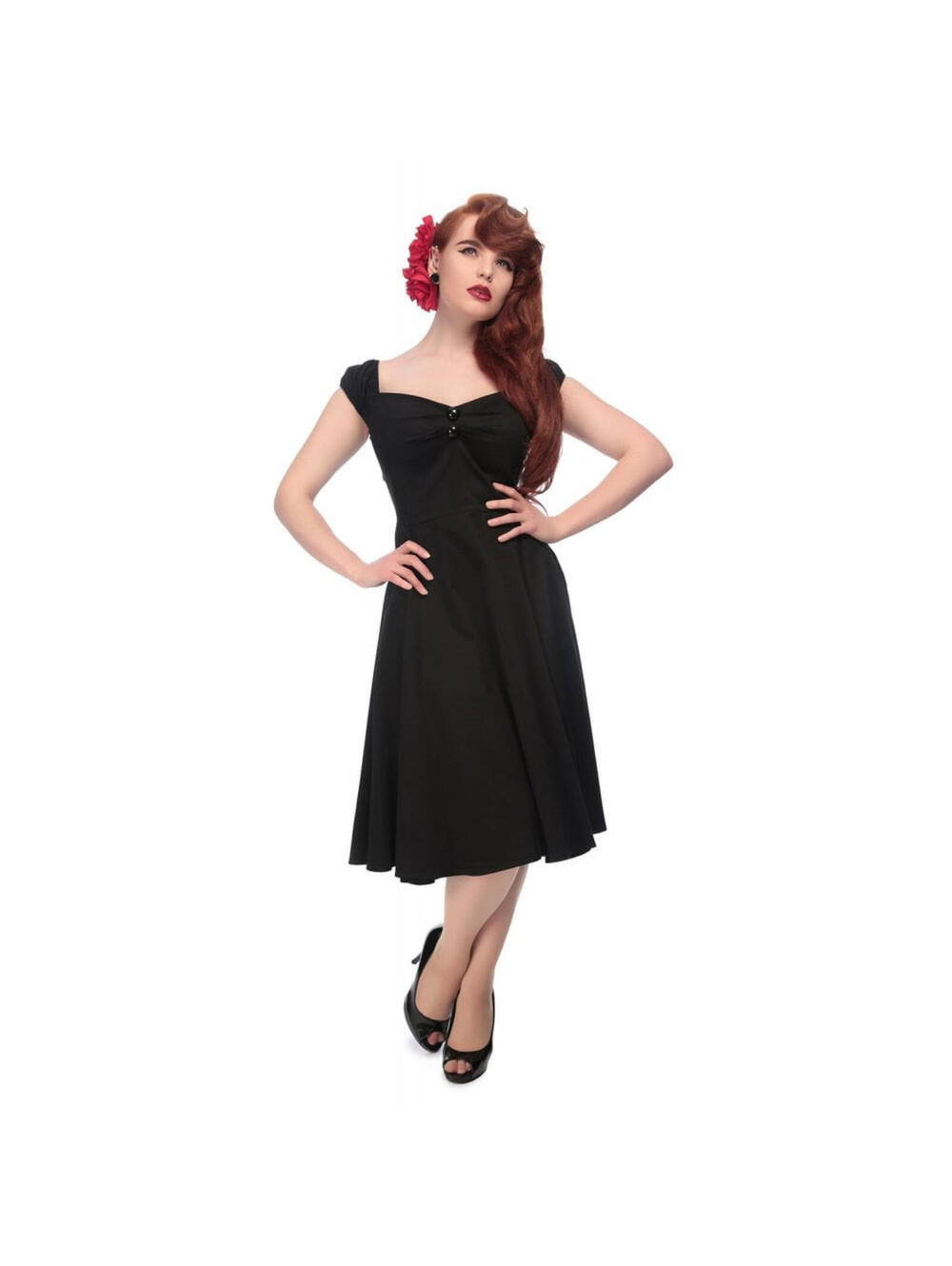 Black Stretch Cotton Dress 10 L Full Skirt Collectif Dolores Doll 50s Pinup VLV